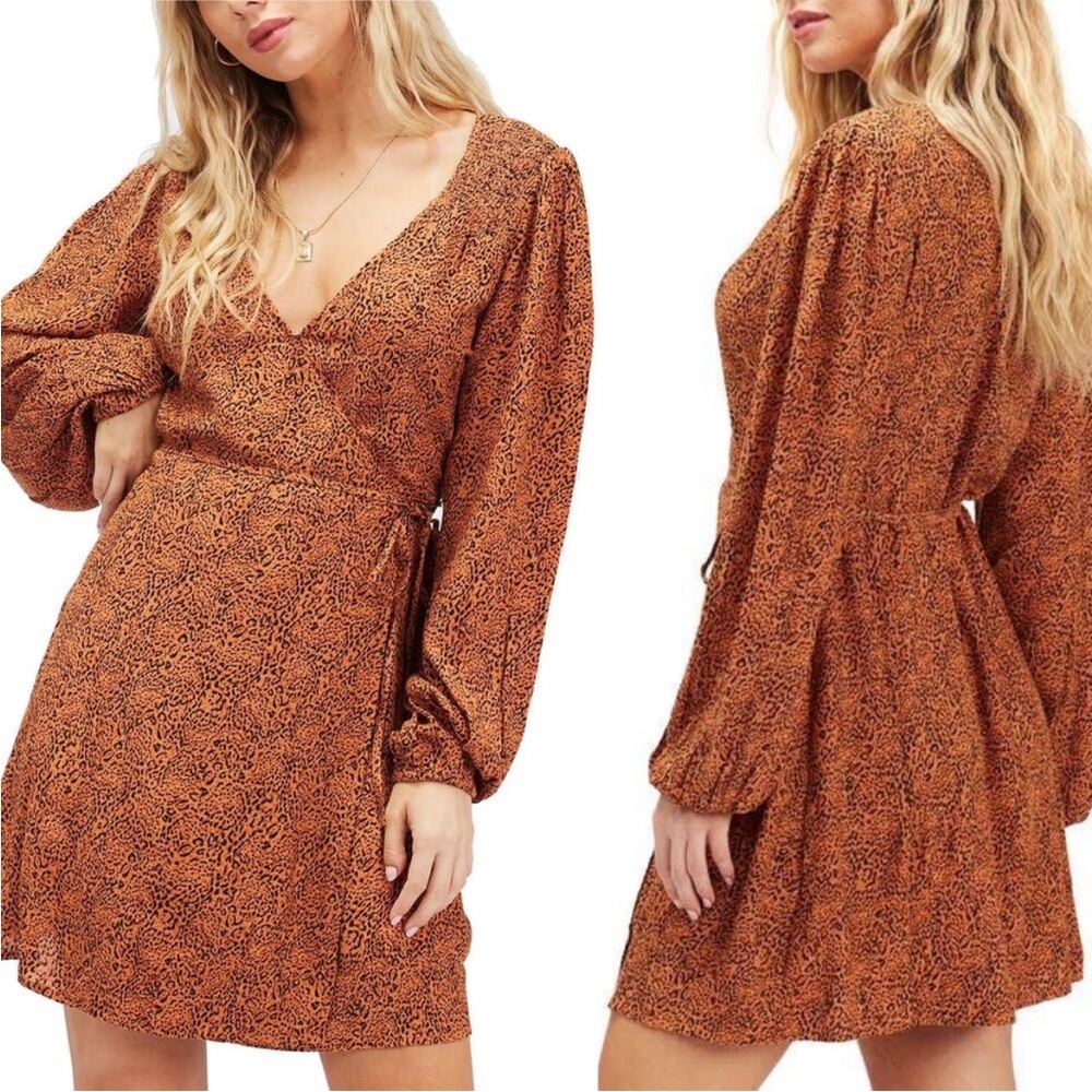 Billabong Leopard Long Sleeve Wrap Dress